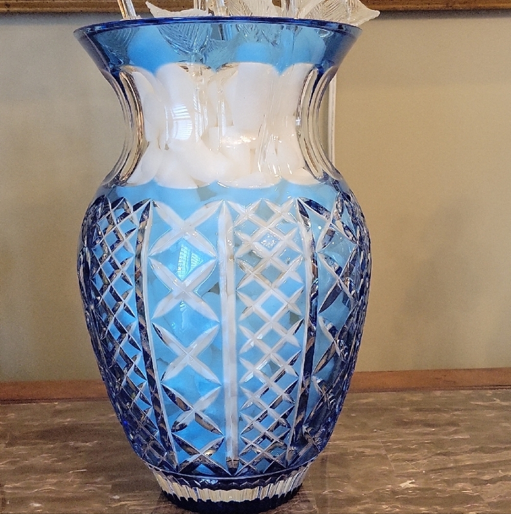 Waterford Blue and White Crystal Vase, Like New With Box